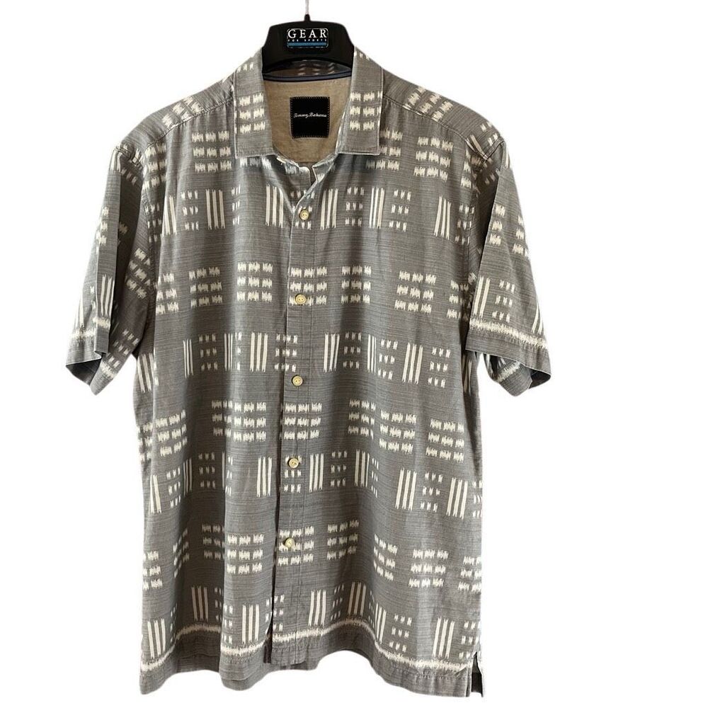 Tommy Bahama Short Sleeve Silk Cotton Blend Gray White Button Front Shirt XL
